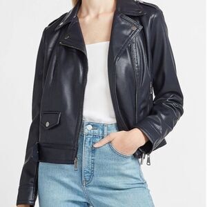Faux Leather Belted Moto Jacket coat size small Express blue NWT bomber out wear